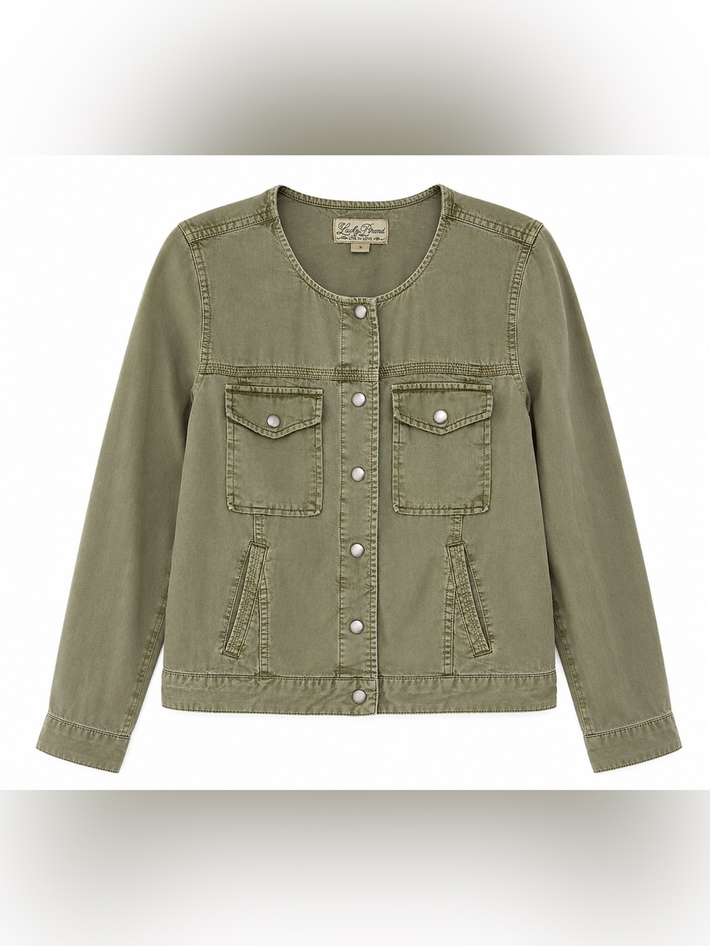 Lucky Brand Live in Love Olive Lyocell Utility Jacket Snap Front Size Small